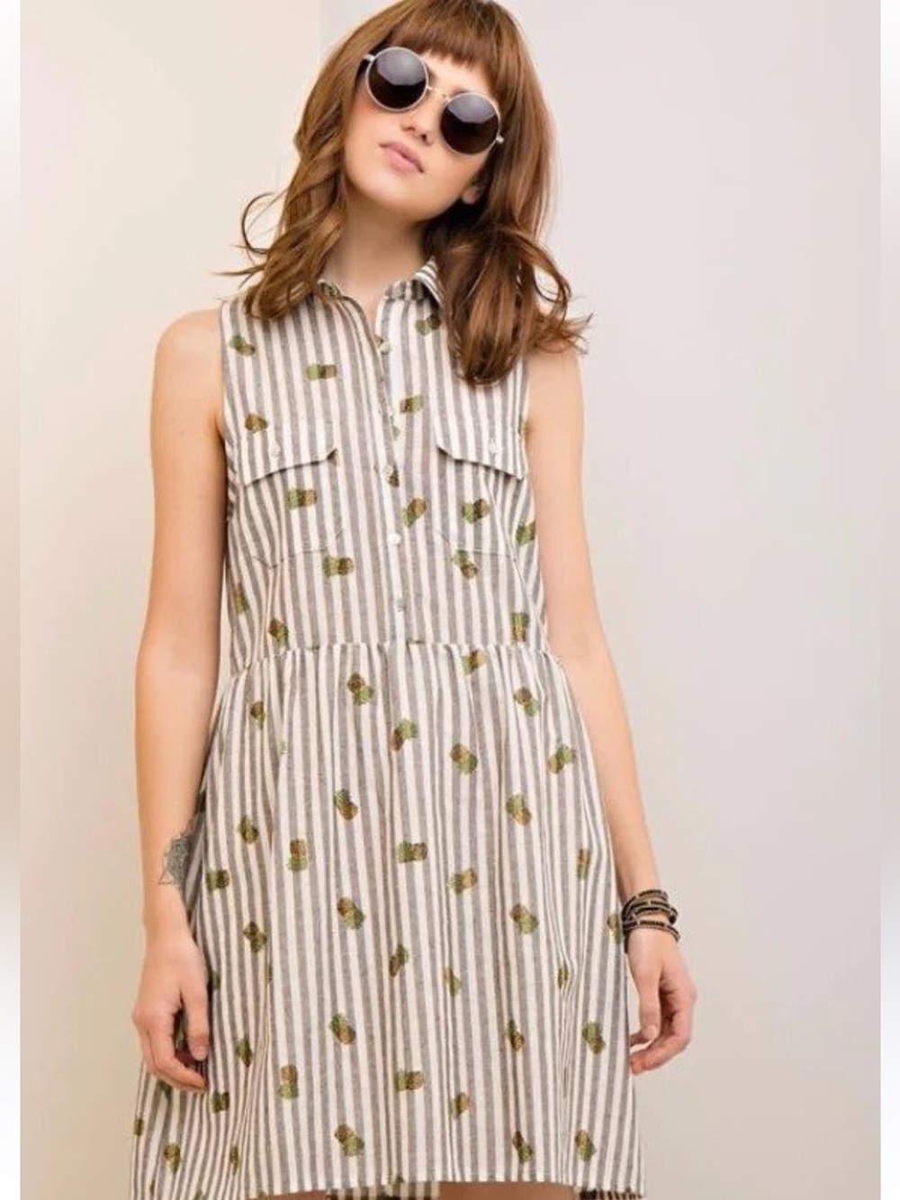 NWT- Entro Striped Pineapple Motif  Shirt Dress
